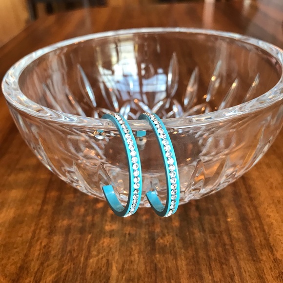 Rhinestone/Baby Blue Hoop Earrings - Picture 3 of 7